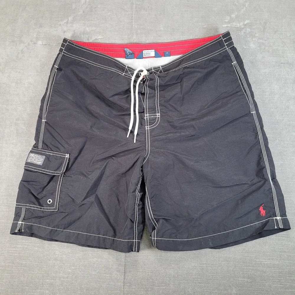Polo Ralph Lauren‎ Y2K Mens Swim Trunks Board Shorts Black Size L Pockets Logo